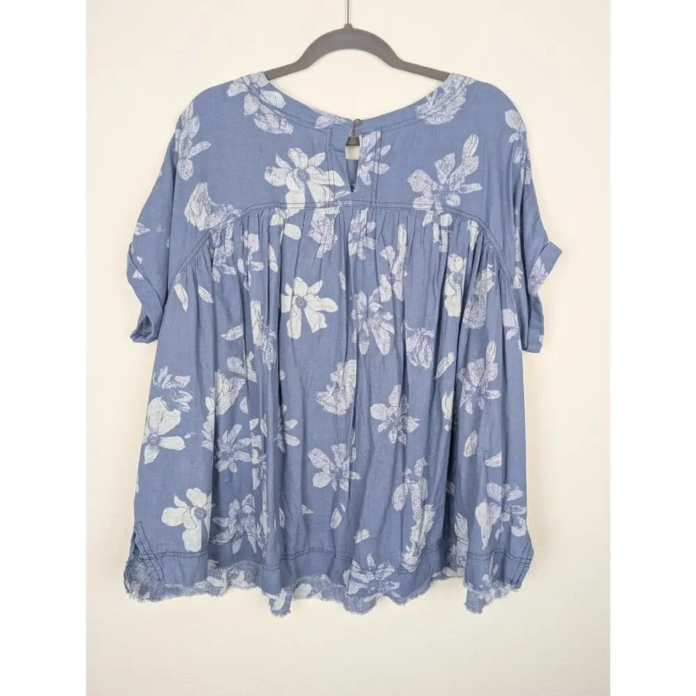 Free People Top Moon City Printed Tee Floral Boho Babydoll Linen Blue Size XS